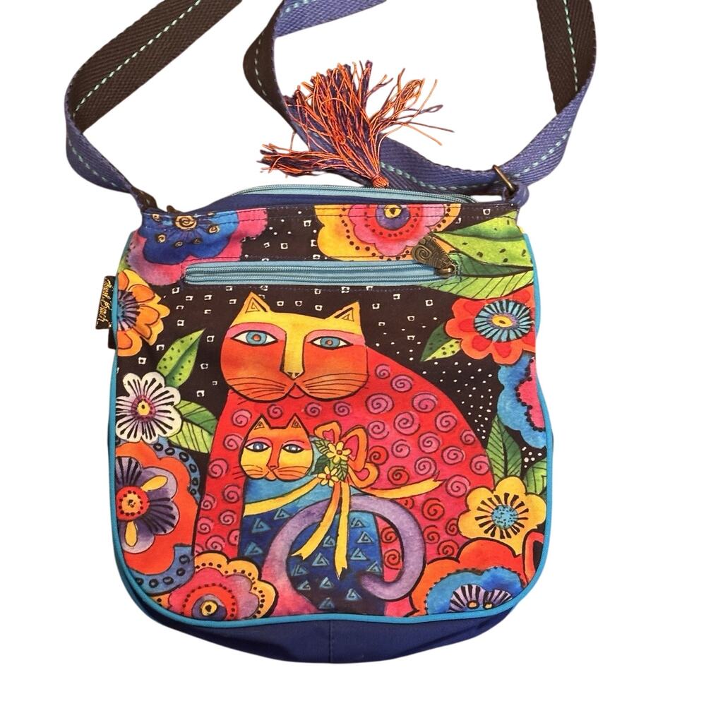 VTG Laurel Burch Canvas Bag Long Strap Fantastic Felines Artwork Cat Boho